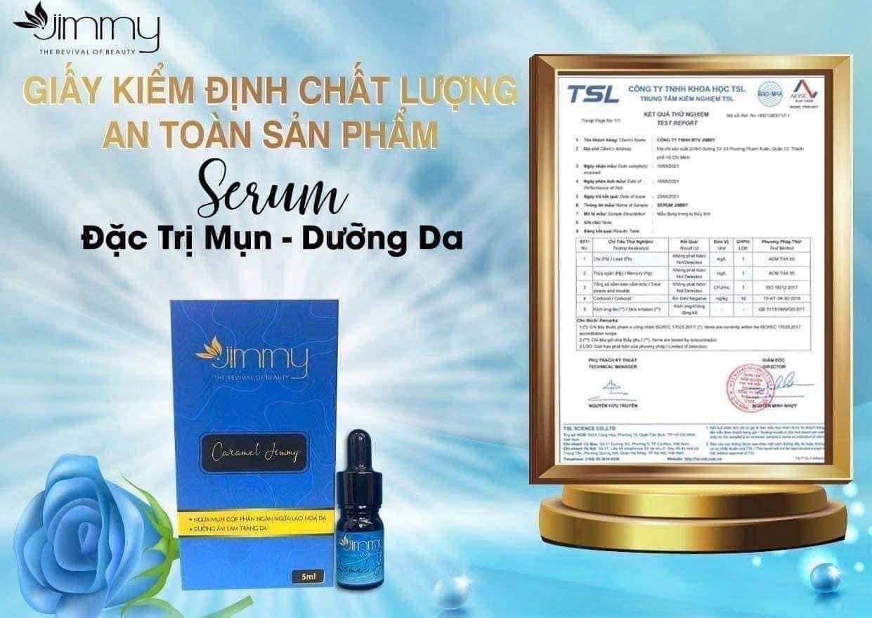 Giấy kiểm định chất lượng an toàn sản phẩm serum trị mụn Jimmy